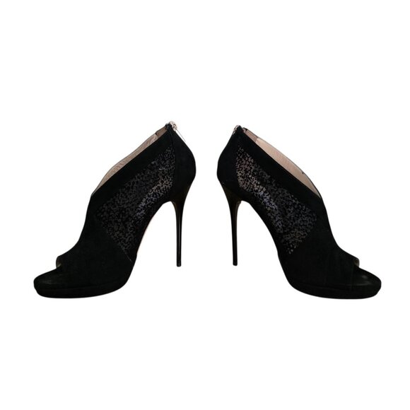 Jimmy Choo Vivid Flocked Mesh Open Toe Suede Ankle Booties Heels Black 8.5 - Picture 3 of 8